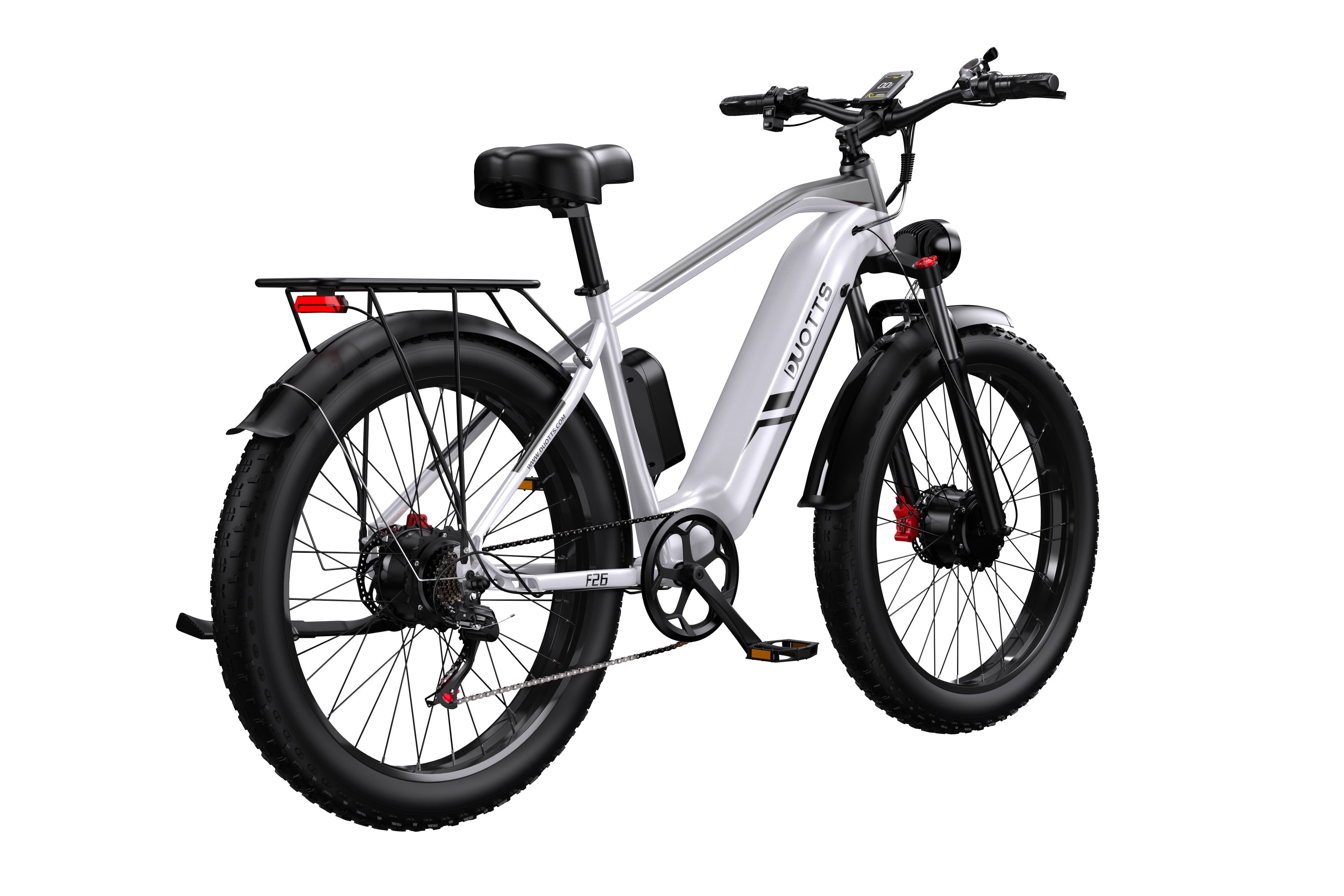 Rear view of the Duotts F26 pedal assist ebike in silvery white, featuring its robust rear motor, tail light and rear rack.